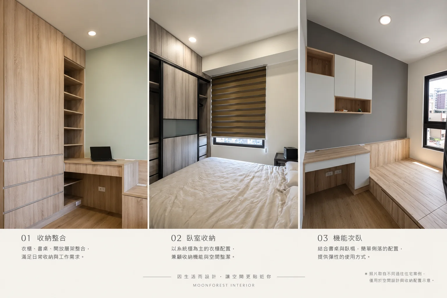 三種實用次臥配置拼圖，包含木紋衣櫃書桌、臥室收納與書桌臥榻